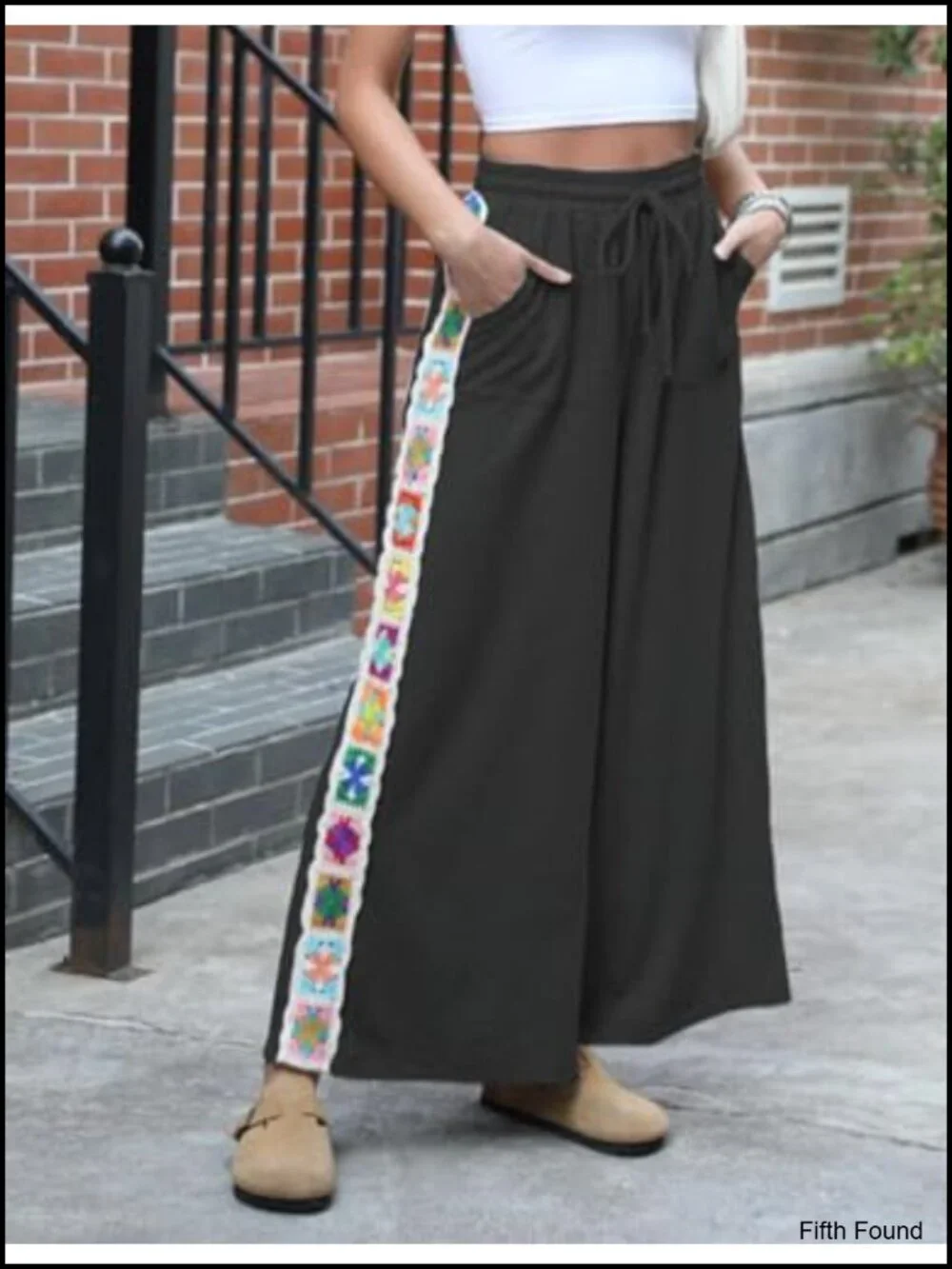 Casual Wide Leg Sweatpants with Crochet Panels and Pockets
